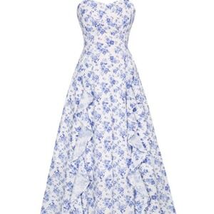 Belle Poque Midi Dress Womens XL Blue White Floral Ruffle Smocked Back NWT